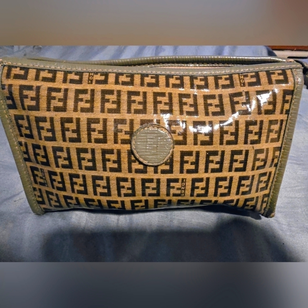 1980s Vintage Fendi Brown and Tan Monogram Clutch In Overall Great Condition